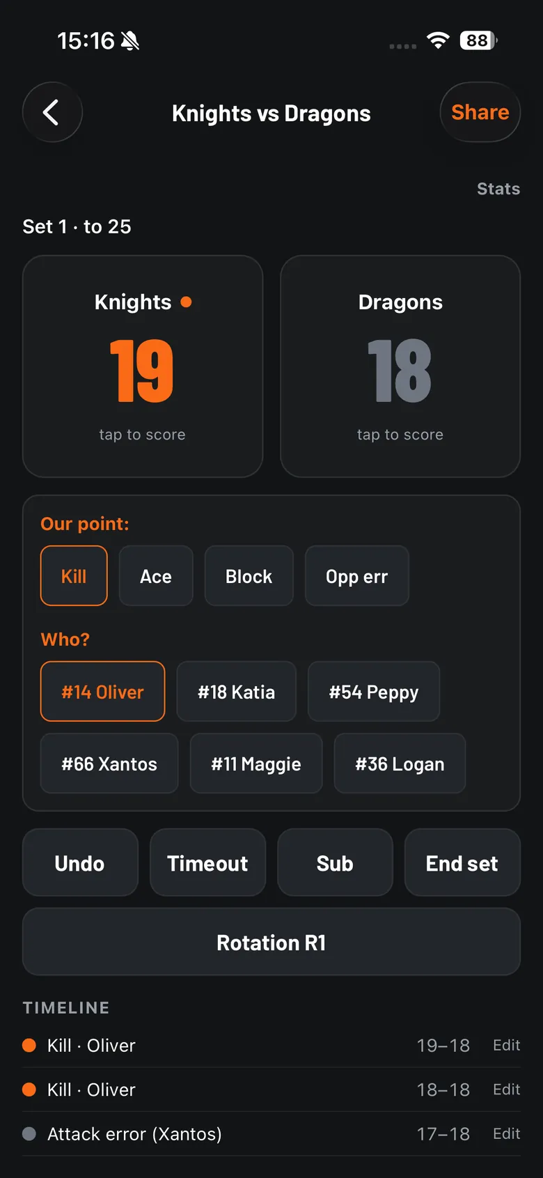 volleyOS courtside scoring screen: Knights 19, Dragons 18, with the point being tagged to a named player