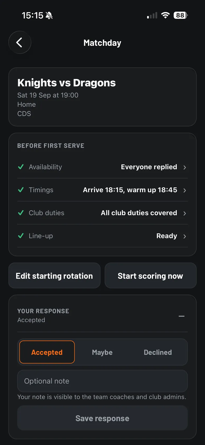 volleyOS matchday screen: availability, arrival and warm-up timings, club duties and line-up all marked ready